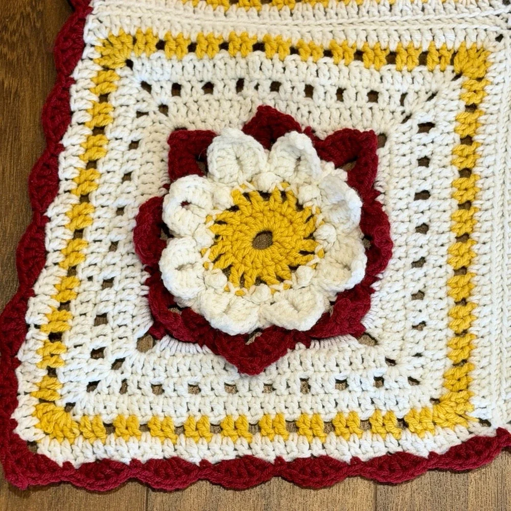 VTG Crochet Granny‎ Square Blanket 3D Floral Throw 48x50 Cottagecore Boho Retro
